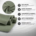 Green Vuno microfibre towel feature image showing the fabric texture and key benefits including quick drying absorbency and lightweight compact use