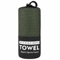 Green Vuno microfibre towel packed inside a black mesh storage bag labelled microfibre towel