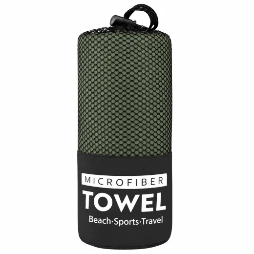 Green Vuno microfibre towel packed inside a black mesh storage bag labelled microfibre towel