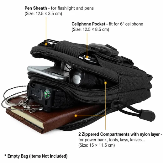 Open Vuno Waist Bag Pouch showing cellphone pocket pen sheath and zippered compartments