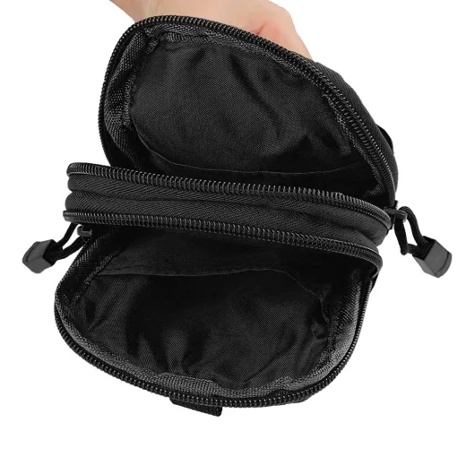 Vuno black Waist Bag Pouch opened to show two zippered storage compartments