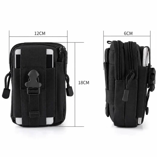 Vuno black Waist Bag Pouch shown from the front and side with 18 x 12 x 6 cm dimensions