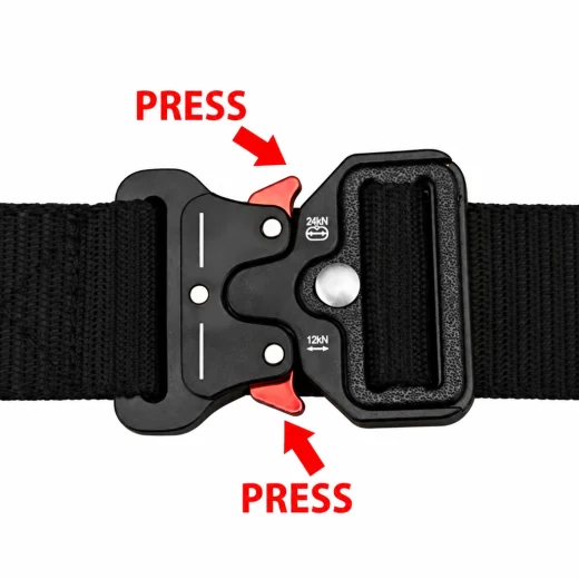 Black quick release belt buckle with arrows showing where to press the red release tabs